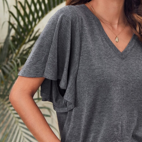 Cozy Charcoal Butterfly Sleeve Oversized V neck Top - Picture 6 of 8